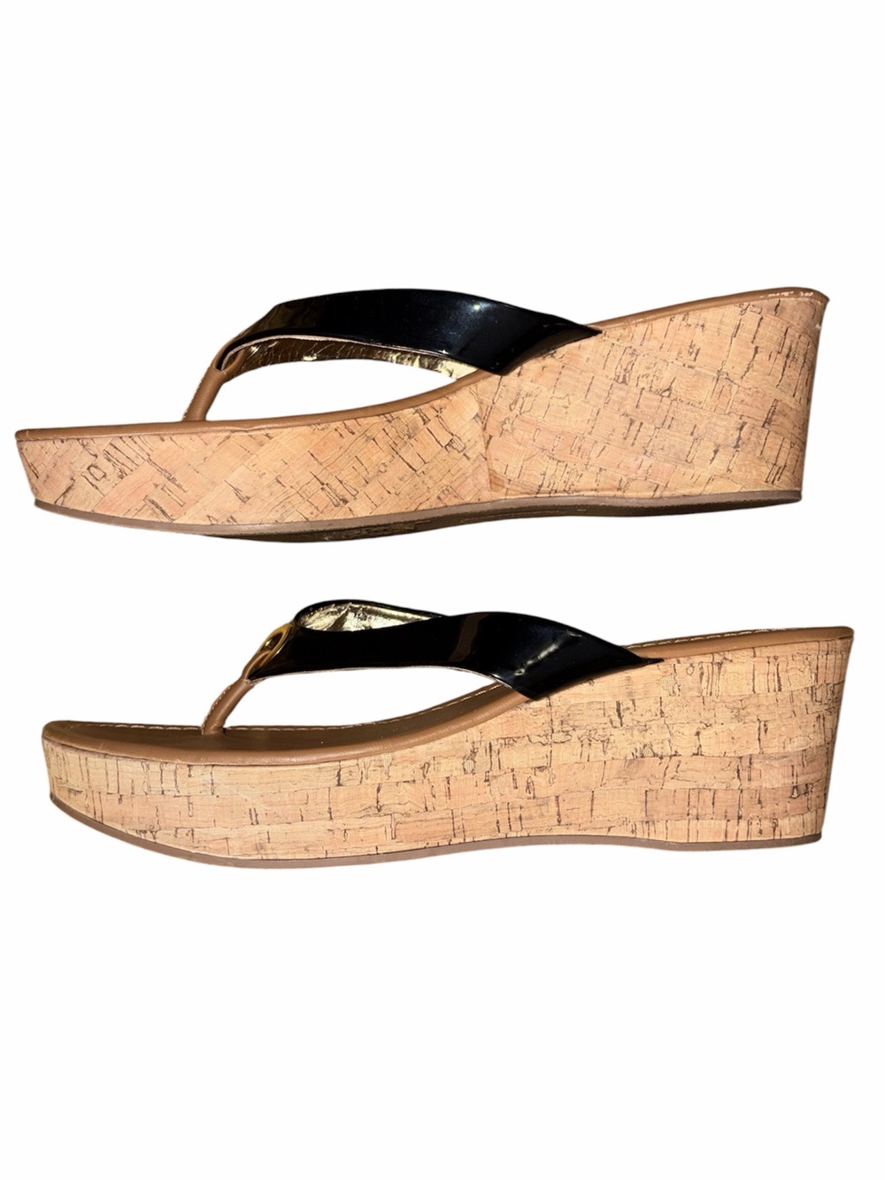 American Eagle Outfitters Black Patent Cork Wedge Flip Sandals 12 - Picture 4 of 6